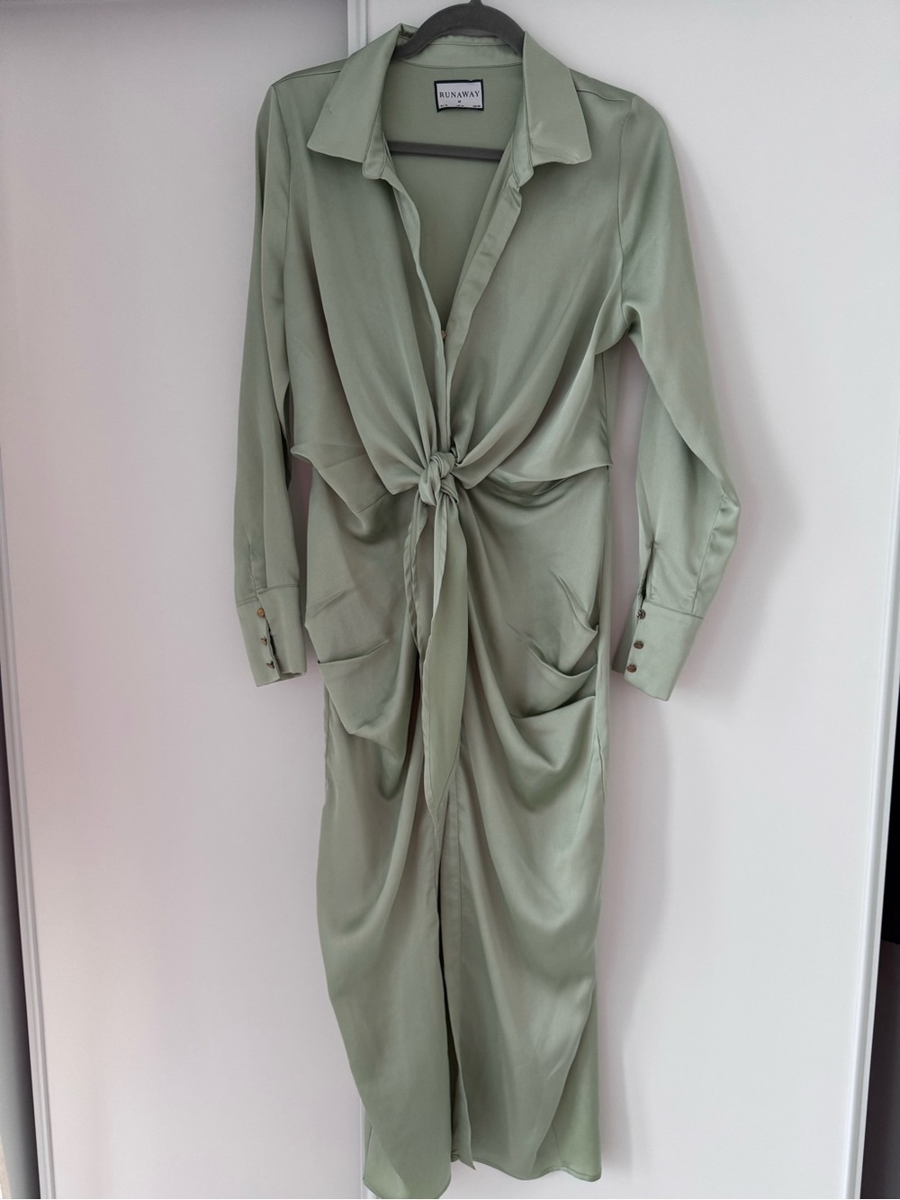 Runaway Sage Green Midi Satin Tie-Front Dress